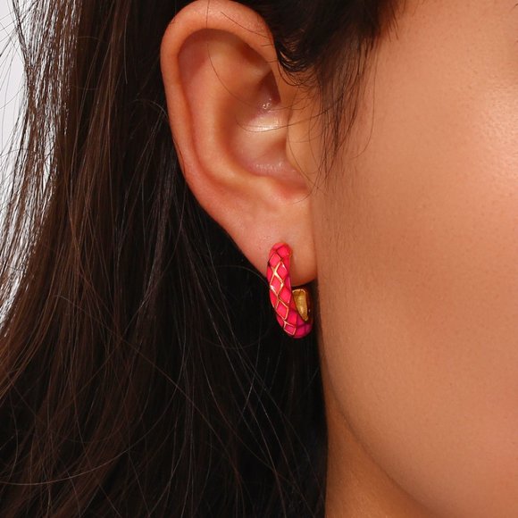 Hot Pink Enamel Geometric Pattern Hoop Earrings 18K Gold‎ Plated Stainless Steel - Picture 3 of 8
